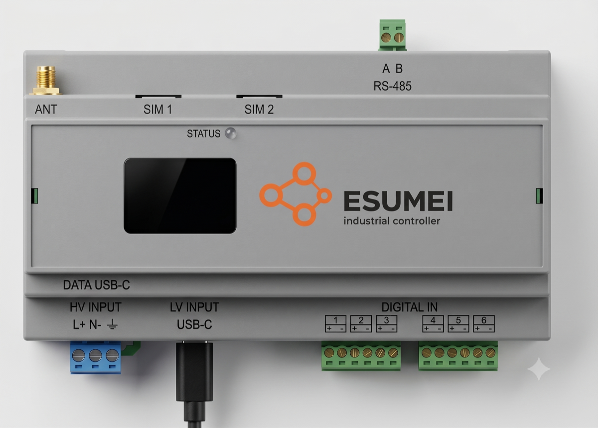 ESUMEI G3 industrial controller, DIN-rail enclosure, showing the LCD display, status LED, RS-485 terminals, and ESUMEI branding